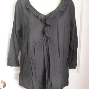 Talbots Top Shirt Black M NWT $49 V-Neck Ruffled Front 3/4 Sleeves Elegant